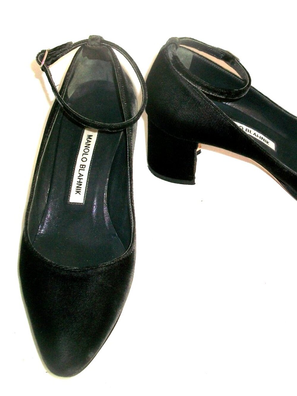 Manolo Blahnik Gray-Blue Velvet Low Block-Heel Ankle Strap Pumps 6M EUC